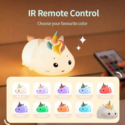 Rechargeable Silicone Unicorn LED Night Lamp with Remote Control – Dimmable Bedside Mood Light & Creative Gift - Bilankas.world