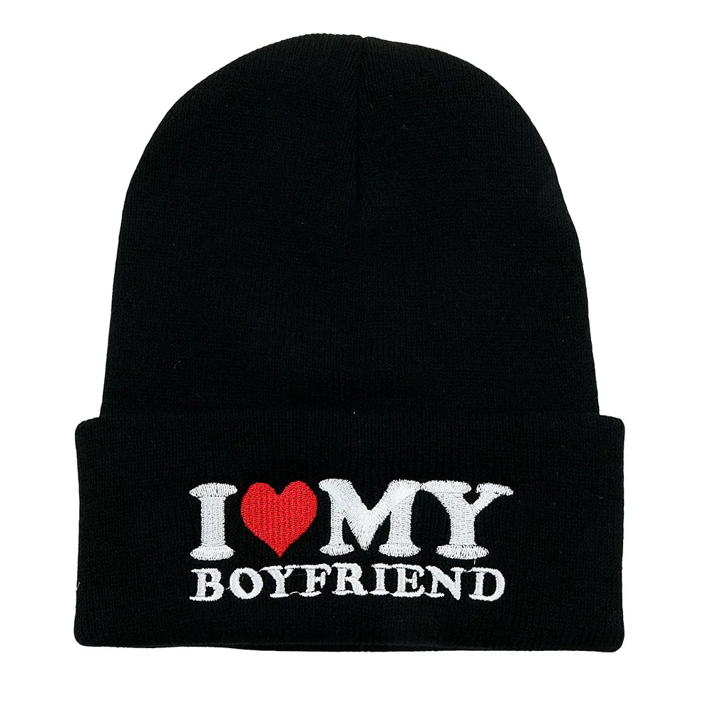 Cozy Love Beanie, I Love My Girlfriend, I Love My Boyfriend. Warm Knitted Winter Hat | Soft Embroidered Cable Knit Cap for Men and Women