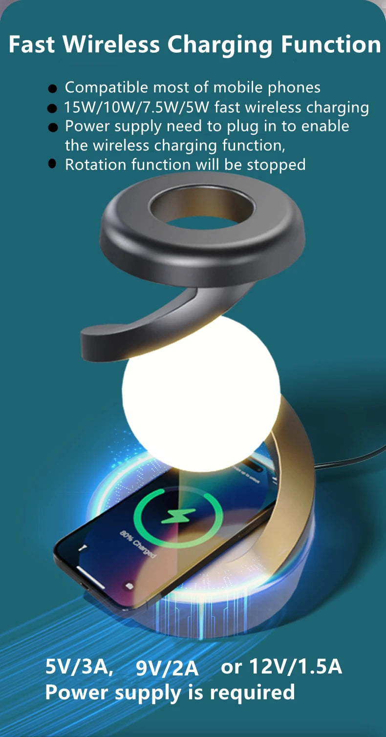 Creative Rotating Floating Table Lamp with 15W Wireless Charger & RGB Night Light – A Unique Gift for Any Occasion - Bilankas.world