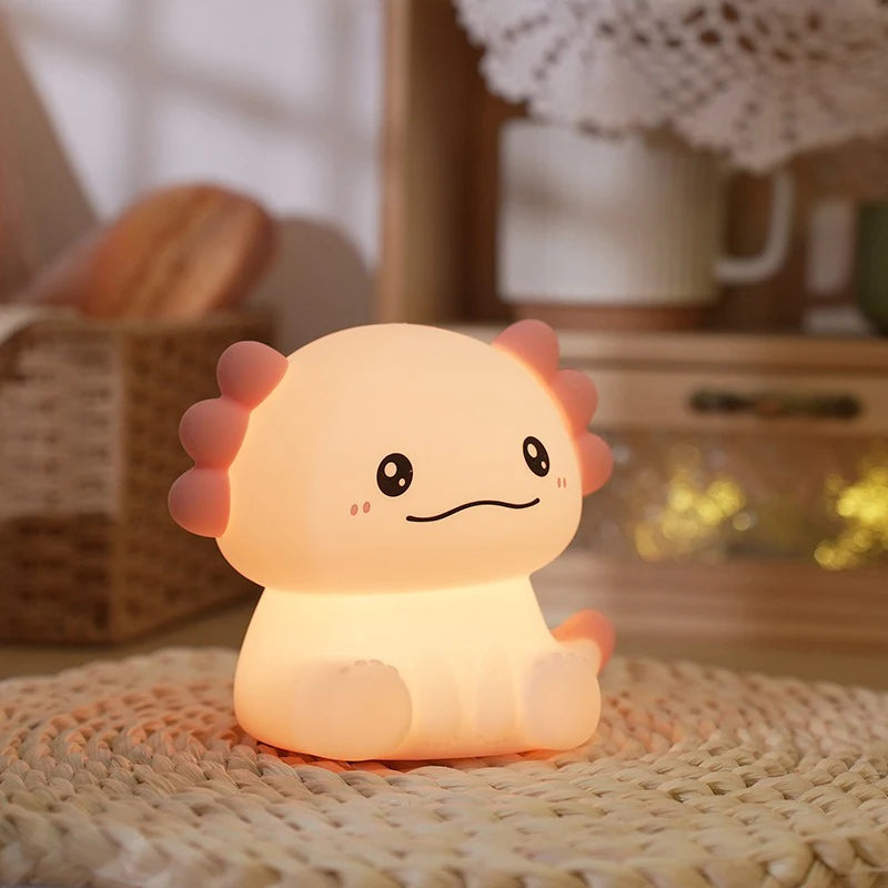 Pink Axolotl Night Light, Silicone LED Lamp | Rechargeable Touch Bedside Light for Kids