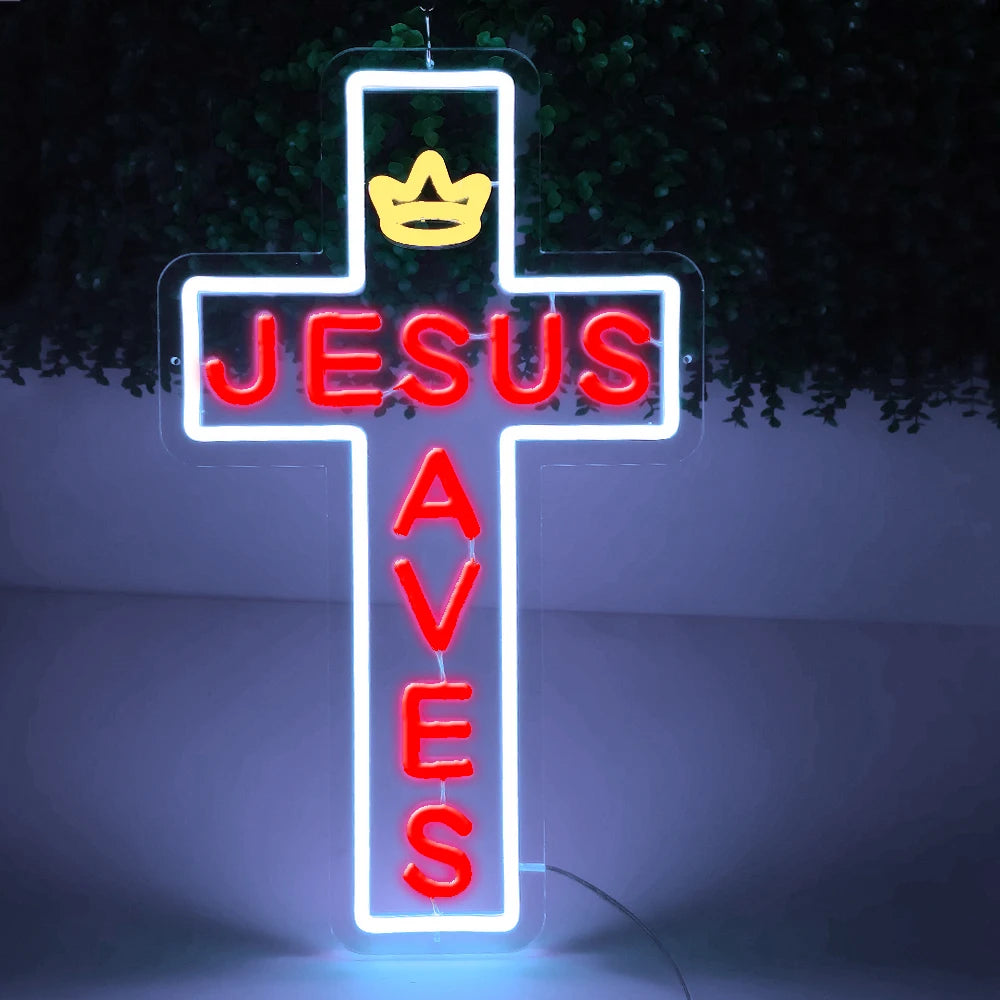 Cross LED Neon Sign, Glass Wall Light | Religious Home & Prayer Room Decor