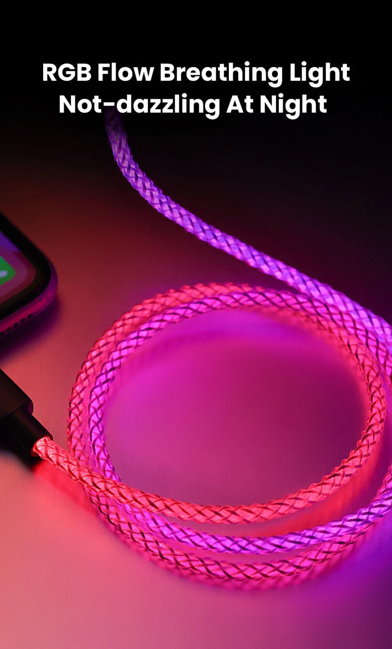 100W Fast Charging RGB Cable with Breathing Light – Type C USB Data Cable for Quick Charge
