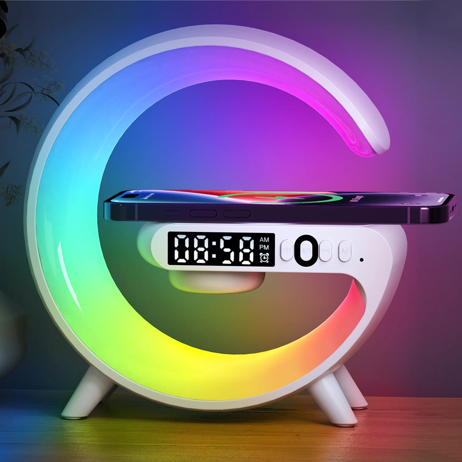 Multifunction Wireless Charger & Speaker Stand with RGB Night Light – 15W Fast Charging Station, Ideal Gift for iPhone, Samsung, Xiaomi, Huawei - Bilankas.world