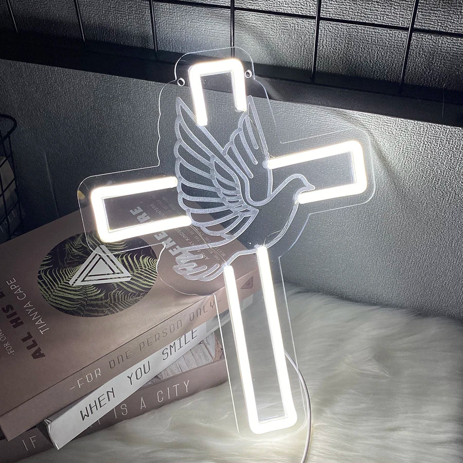 LED Cross & Dove Neon Sign, USB Wall Light | Faith-Inspired Decor for Bedroom and Living Space