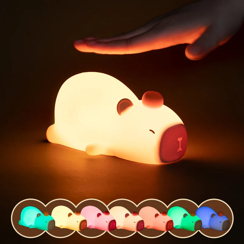 Cute Capybara Night Light, Silicone LED Lamp | USB Rechargeable Dimmable Bedside Light for Kids