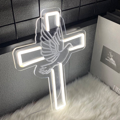 LED Cross & Dove Neon Sign, USB Wall Light | Faith-Inspired Decor for Bedroom and Living Space
