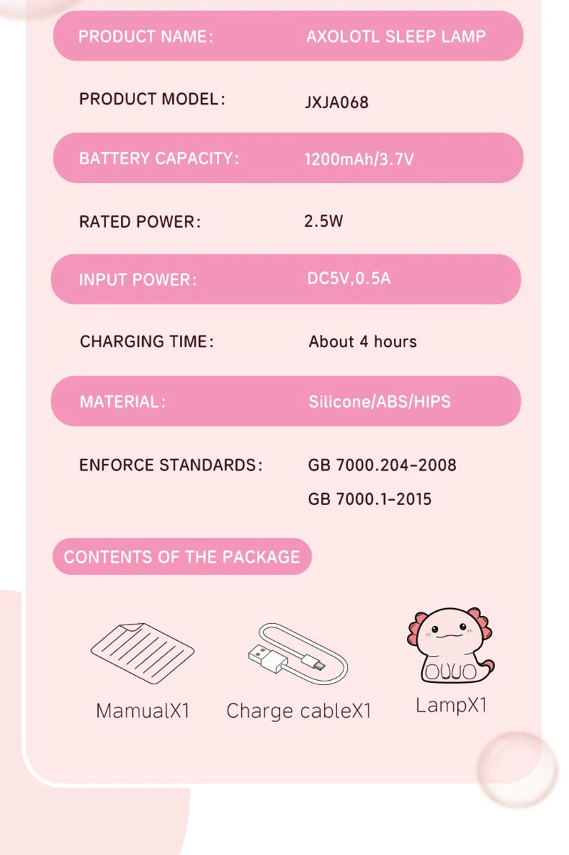 Pink Axolotl Night Light, Silicone LED Lamp | Rechargeable Touch Bedside Light for Kids