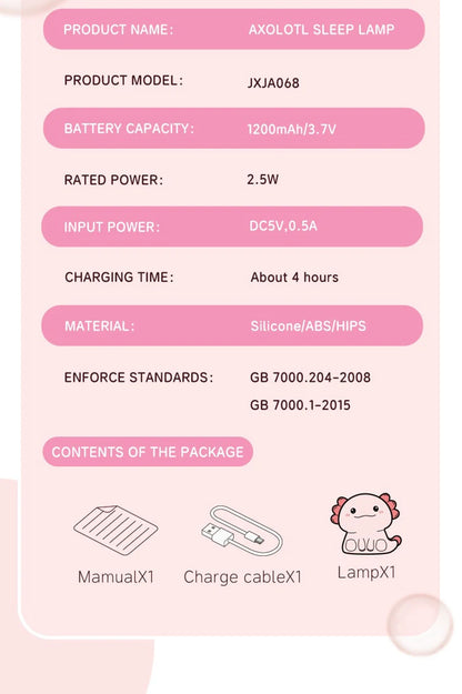 Pink Axolotl Night Light, Silicone LED Lamp | Rechargeable Touch Bedside Light for Kids