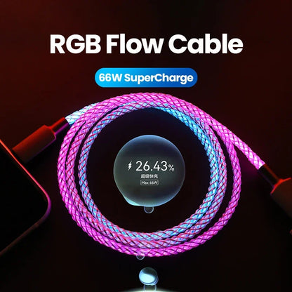 100W Fast Charging RGB Cable with Breathing Light – Type C USB Data Cable for Quick Charge