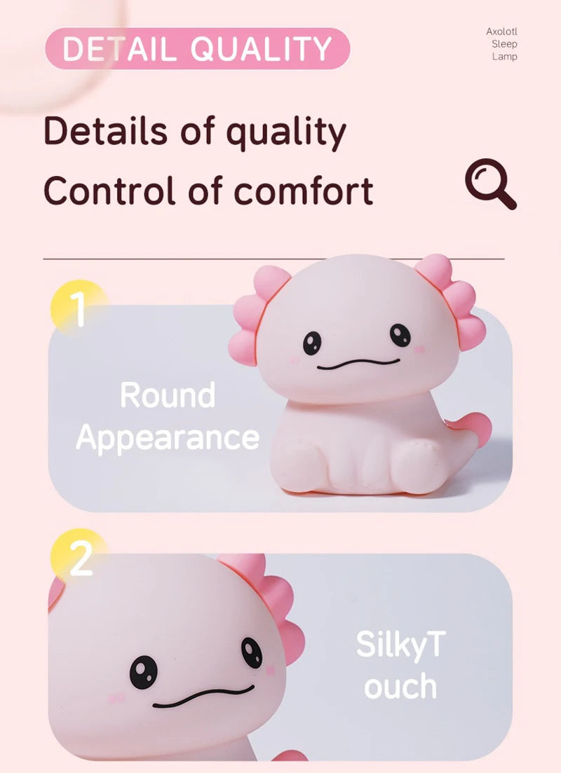 Pink Axolotl Night Light, Silicone LED Lamp | Rechargeable Touch Bedside Light for Kids