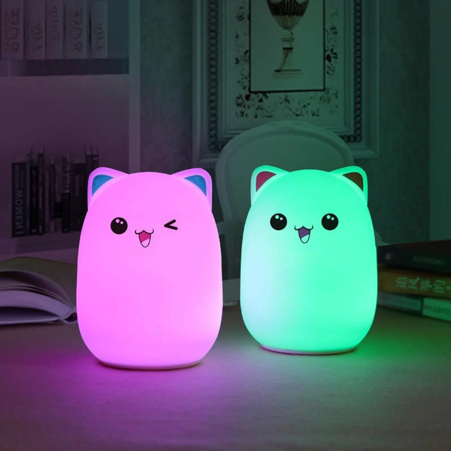 Adorable Cat LED Night Light – USB Rechargeable Silicone Lamp with Timer for Kids' Bedroom Decor