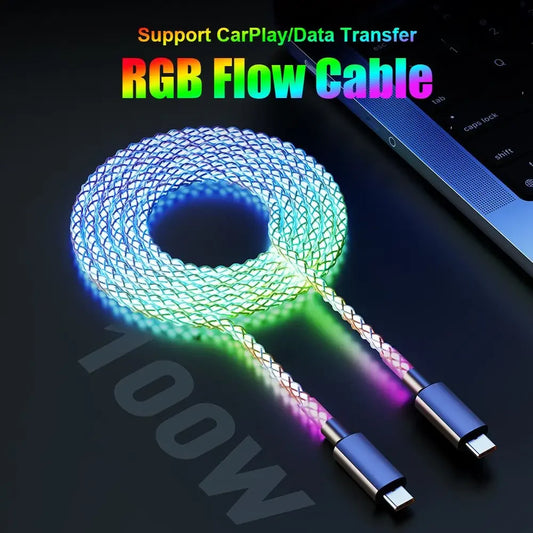 100W Fast Charging RGB Cable with Breathing Light – Type C USB Data Cable for Quick Charge