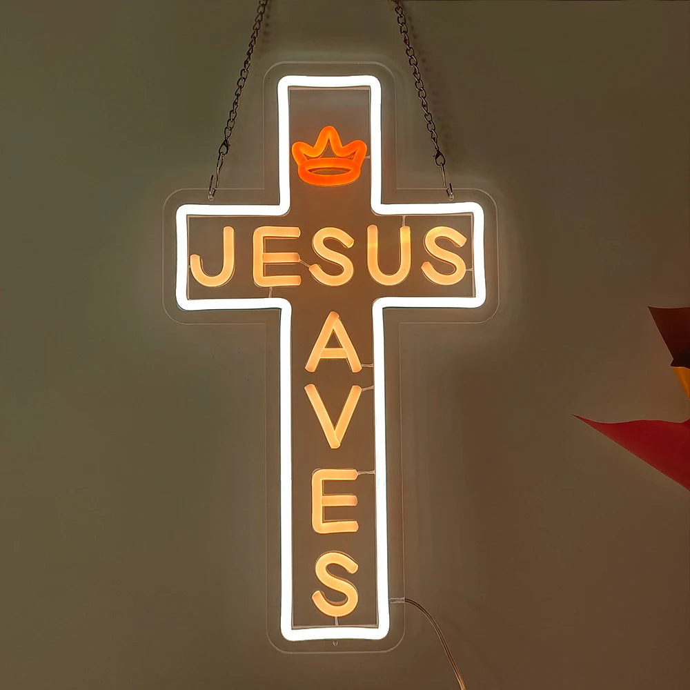 Cross LED Neon Sign, Glass Wall Light | Religious Home & Prayer Room Decor