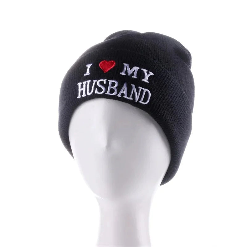 Cozy Love Beanie, I Love My Husband, I Love My Wife. Warm Knitted Winter Hat | Soft Embroidered Cable Knit Cap for Men and Women