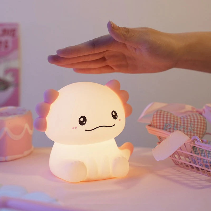 Pink Axolotl Night Light, Silicone LED Lamp | Rechargeable Touch Bedside Light for Kids
