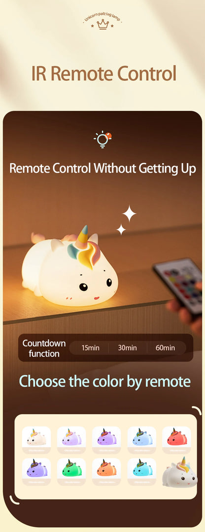 Rechargeable Silicone Unicorn LED Night Lamp with Remote Control – Dimmable Bedside Mood Light & Creative Gift - Bilankas.world