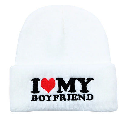 Cozy Love Beanie, I Love My Girlfriend, I Love My Boyfriend. Warm Knitted Winter Hat | Soft Embroidered Cable Knit Cap for Men and Women