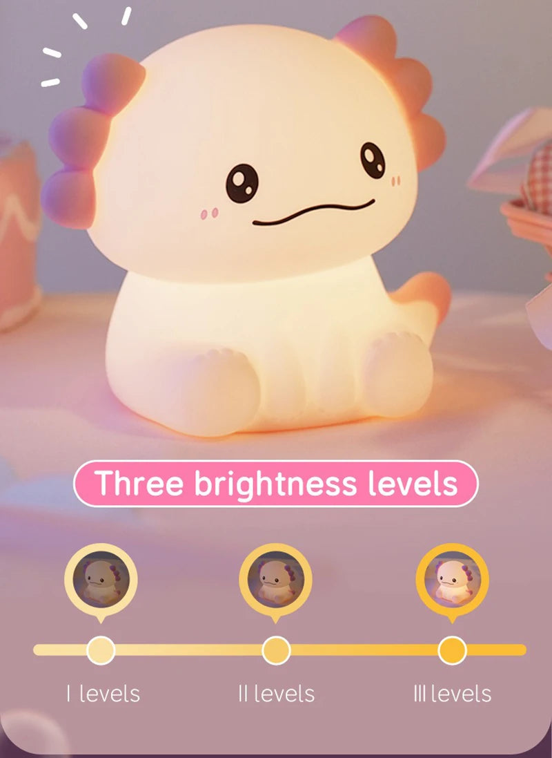 Pink Axolotl Night Light, Silicone LED Lamp | Rechargeable Touch Bedside Light for Kids