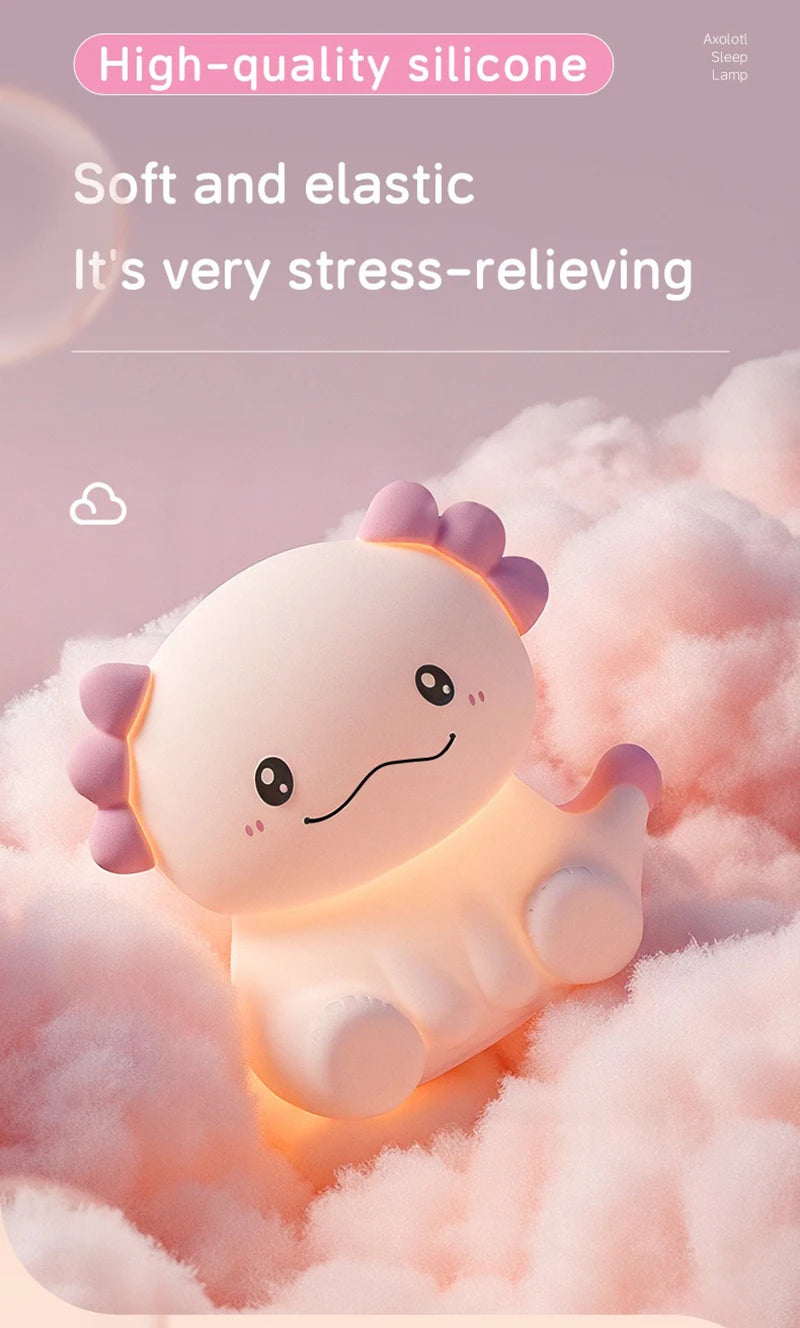 Pink Axolotl Night Light, Silicone LED Lamp | Rechargeable Touch Bedside Light for Kids