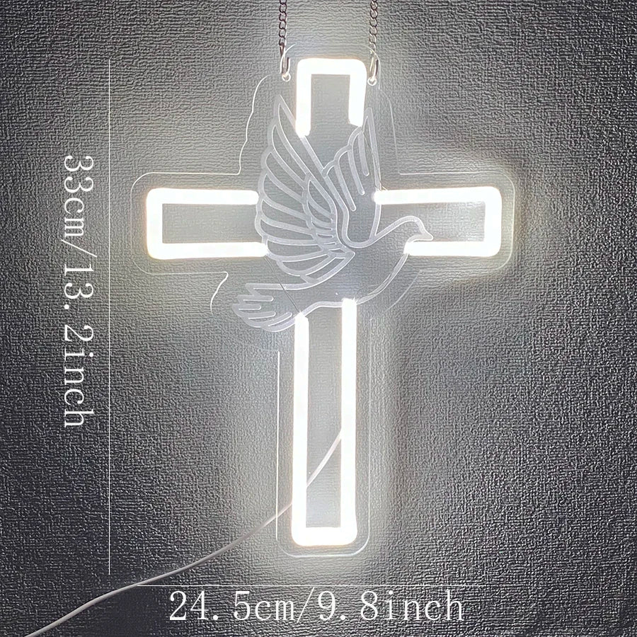 LED Cross & Dove Neon Sign, USB Wall Light | Faith-Inspired Decor for Bedroom and Living Space