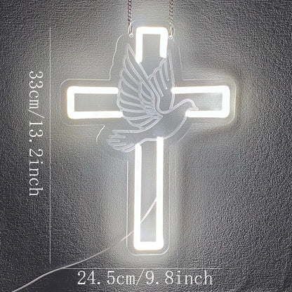 LED Cross & Dove Neon Sign, USB Wall Light | Faith-Inspired Decor for Bedroom and Living Space