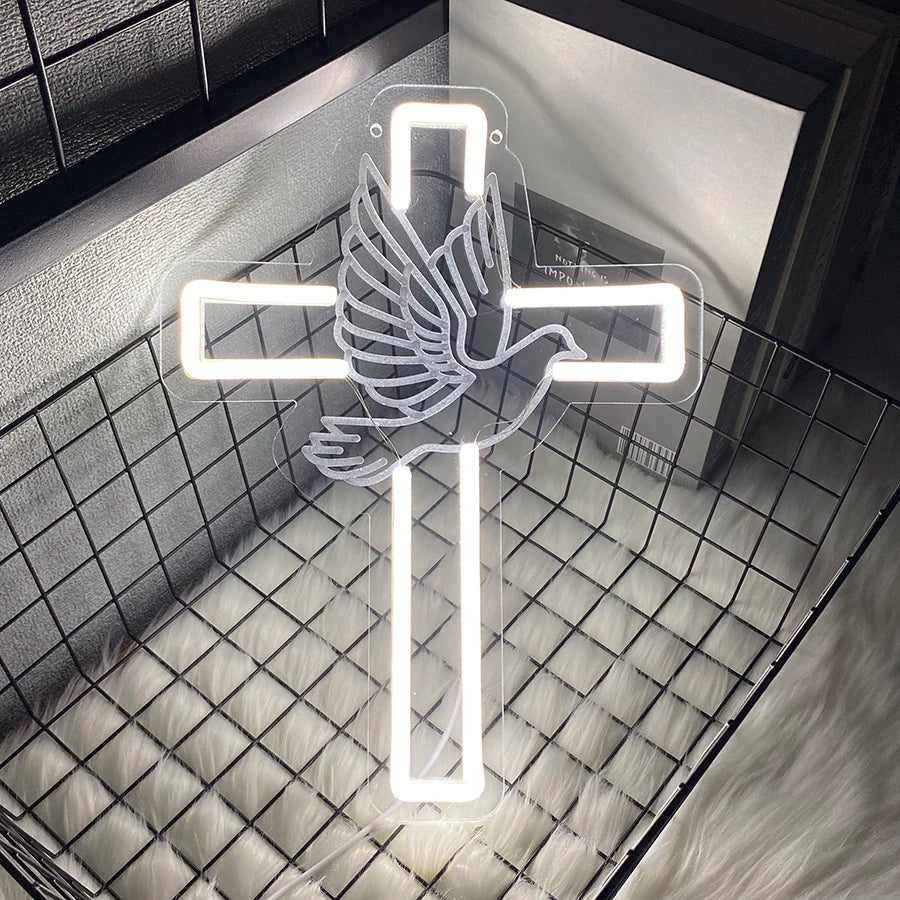 LED Cross & Dove Neon Sign, USB Wall Light | Faith-Inspired Decor for Bedroom and Living Space