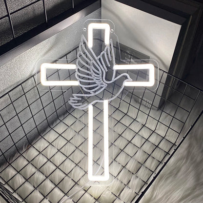 LED Cross & Dove Neon Sign, USB Wall Light | Faith-Inspired Decor for Bedroom and Living Space