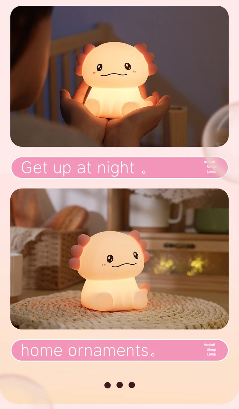 Pink Axolotl Night Light, Silicone LED Lamp | Rechargeable Touch Bedside Light for Kids