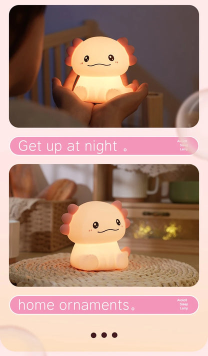 Pink Axolotl Night Light, Silicone LED Lamp | Rechargeable Touch Bedside Light for Kids