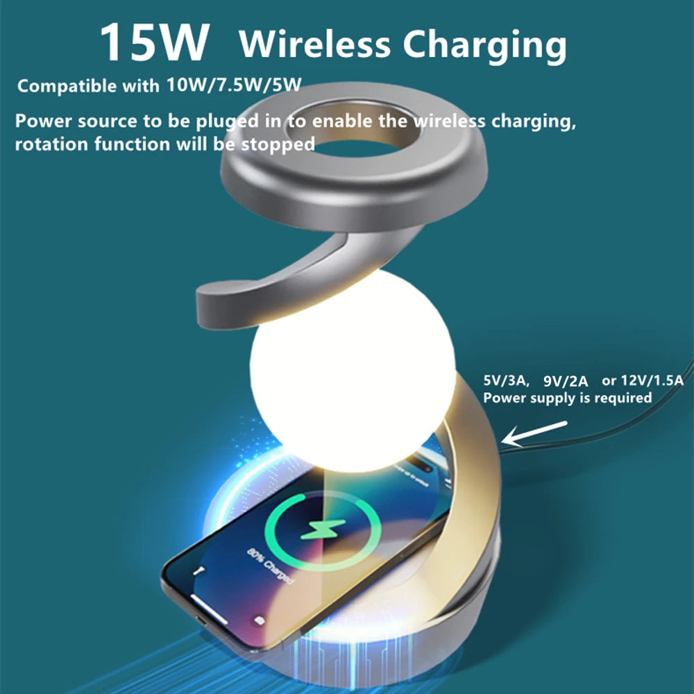 Creative Rotating Floating Table Lamp with 15W Wireless Charger & RGB Night Light – A Unique Gift for Any Occasion - Bilankas.world