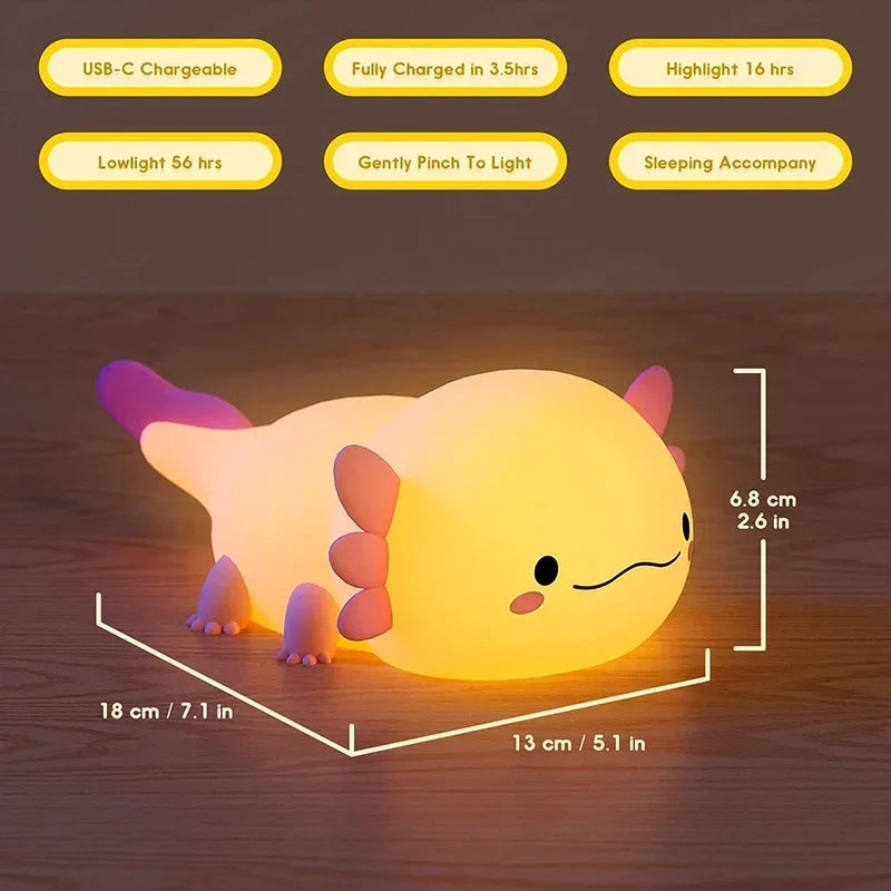Adorable Axolotl Night Light – Perfect Gift for Babies & Kids | Soft Silicone Touch-Control Nursery Lamp, USB Rechargeable