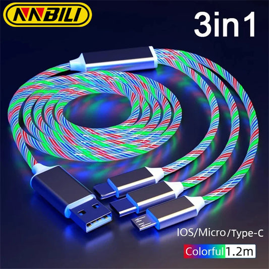 3-in-1 Glowing LED Light USB Cable – Fast Charging Luminous Charger for iPhone, Type-C, and Micro USB Devices