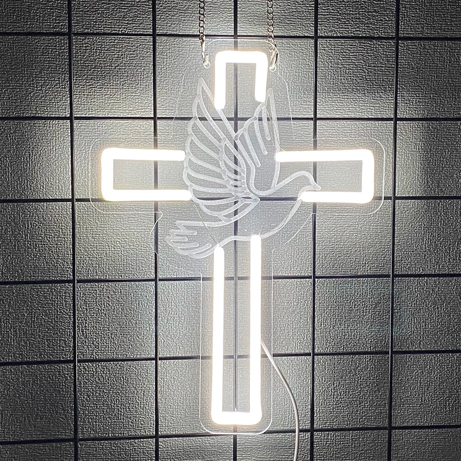 LED Cross & Dove Neon Sign, USB Wall Light | Faith-Inspired Decor for Bedroom and Living Space