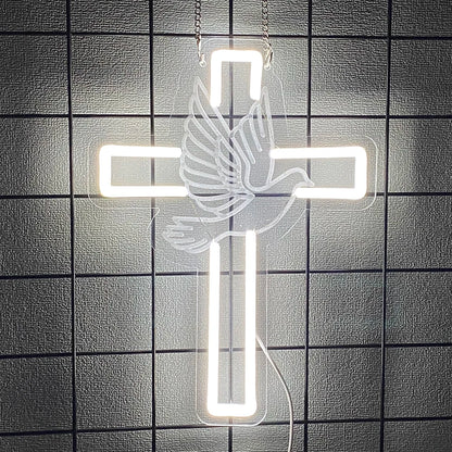 LED Cross & Dove Neon Sign, USB Wall Light | Faith-Inspired Decor for Bedroom and Living Space