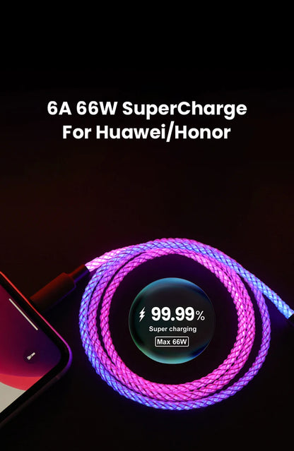 100W Fast Charging RGB Cable with Breathing Light – Type C USB Data Cable for Quick Charge