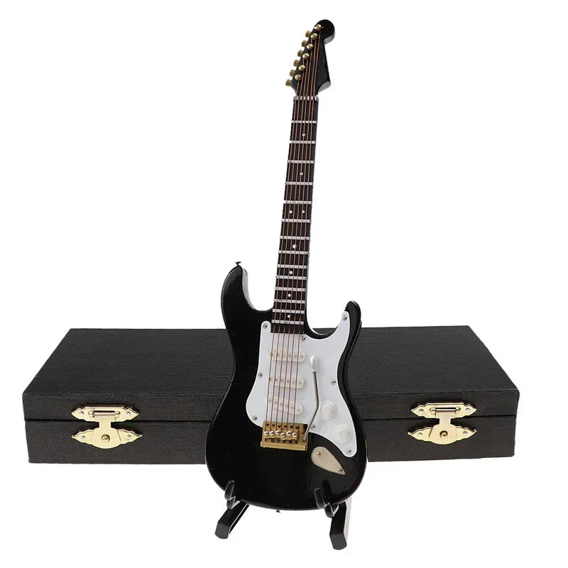 Mini Wooden Electric Guitar Model with Stand - Decorative Musical Instrument Gift Ornament