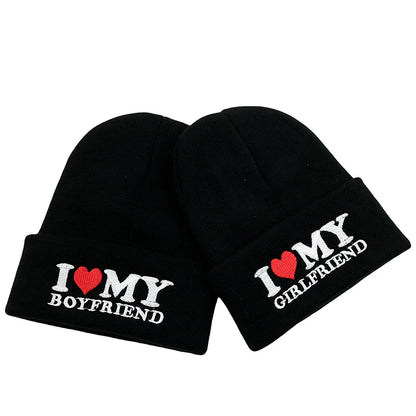 Cozy Love Beanie, I Love My Girlfriend, I Love My Boyfriend. Warm Knitted Winter Hat | Soft Embroidered Cable Knit Cap for Men and Women