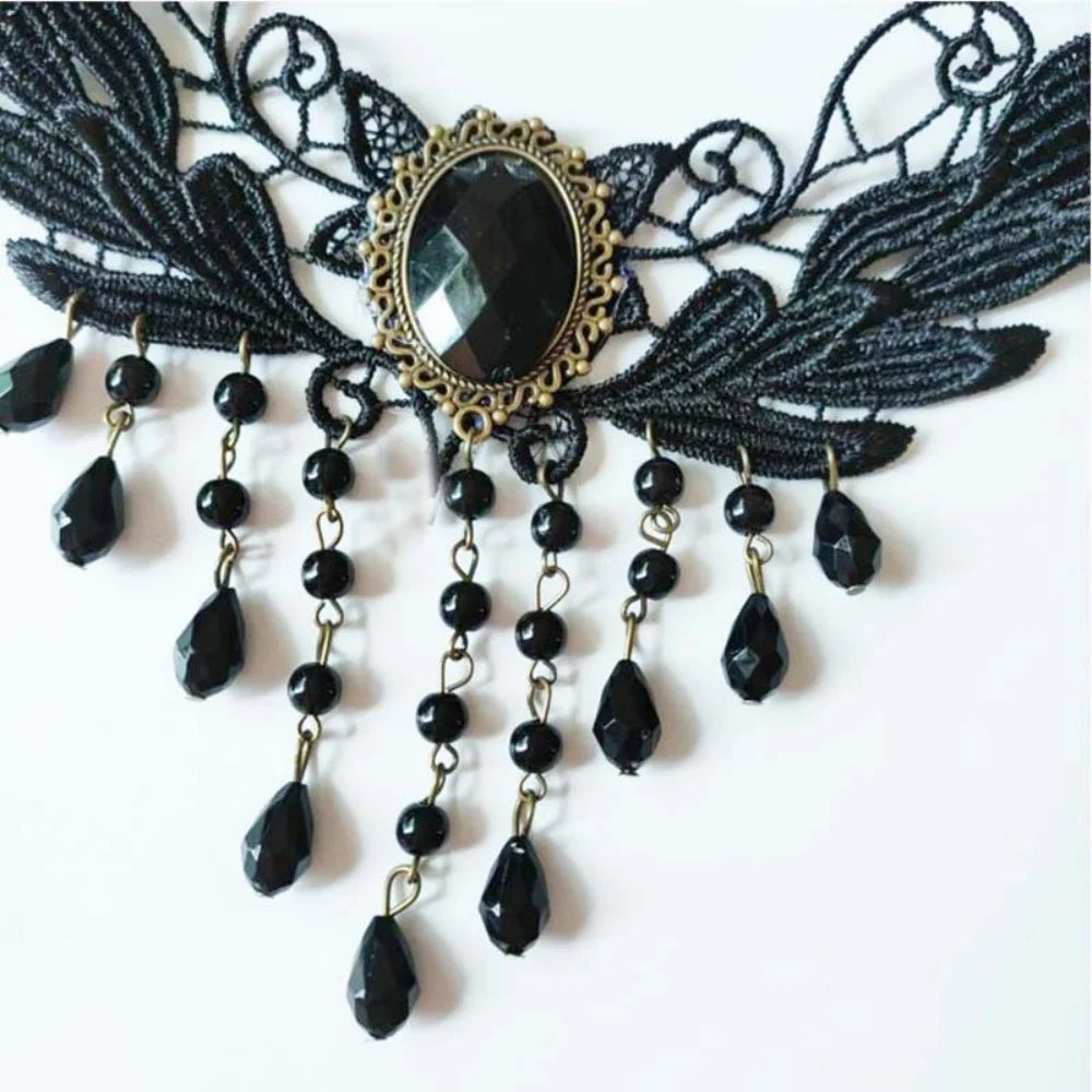 Gothic Black Lace & Beaded Choker Necklace – Sexy and Elegant Gift Accessory - Bilankas.world