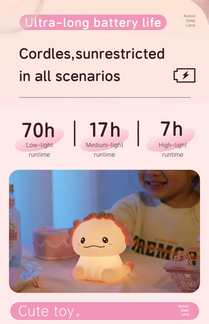 Pink Axolotl Night Light, Silicone LED Lamp | Rechargeable Touch Bedside Light for Kids