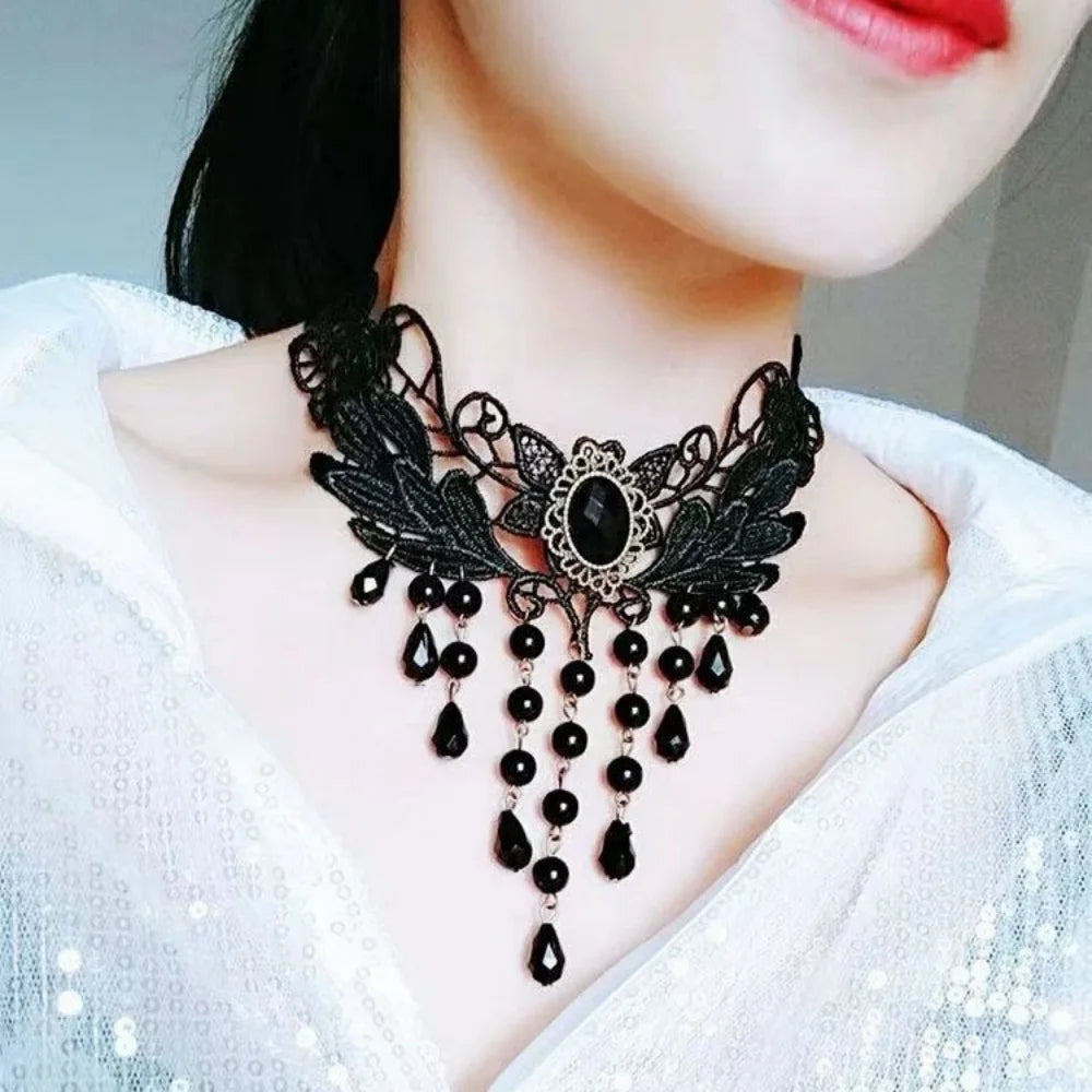 Gothic Black Lace & Beaded Choker Necklace – Sexy and Elegant Gift Accessory - Bilankas.world