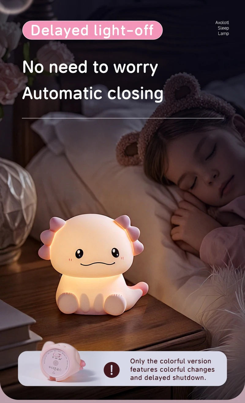 Pink Axolotl Night Light, Silicone LED Lamp | Rechargeable Touch Bedside Light for Kids