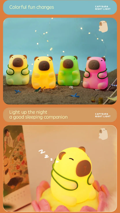 Cute Capybara Night Light, Color-Changing Silicone Lamp | Rechargeable Touch Bedside Light for Kids