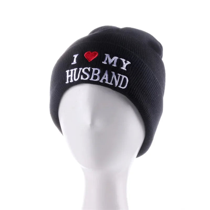 Cozy Love Beanie, I Love My Husband, I Love My Wife. Warm Knitted Winter Hat | Soft Embroidered Cable Knit Cap for Men and Women