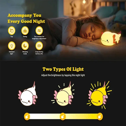 Adorable Axolotl Night Light – Perfect Gift for Babies & Kids | Soft Silicone Touch-Control Nursery Lamp, USB Rechargeable