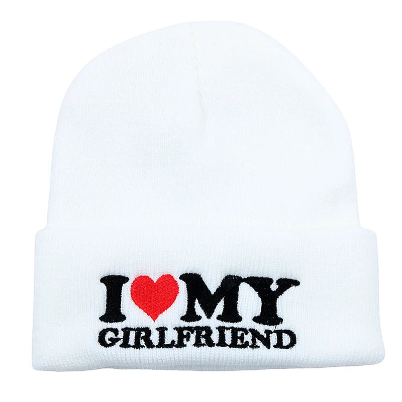 Cozy Love Beanie, I Love My Girlfriend, I Love My Boyfriend. Warm Knitted Winter Hat | Soft Embroidered Cable Knit Cap for Men and Women