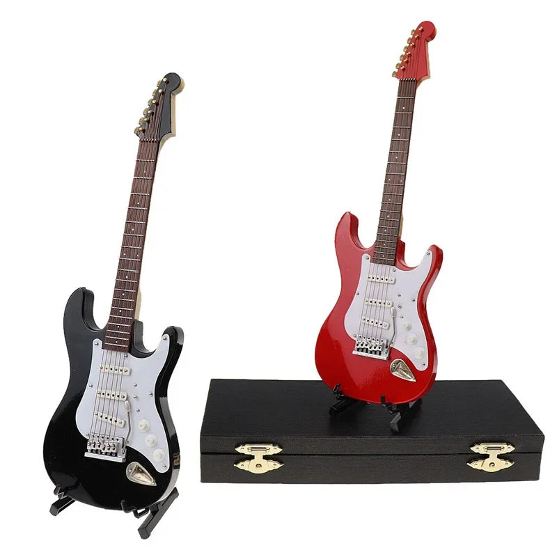 Mini Wooden Electric Guitar Model with Stand - Decorative Musical Instrument Gift Ornament