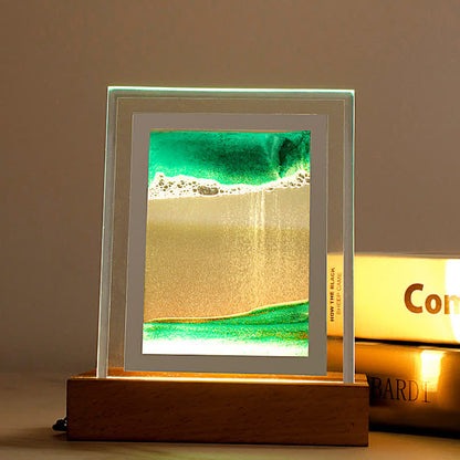 Quicksand Painting Night Light, green sand falling, wood base lit