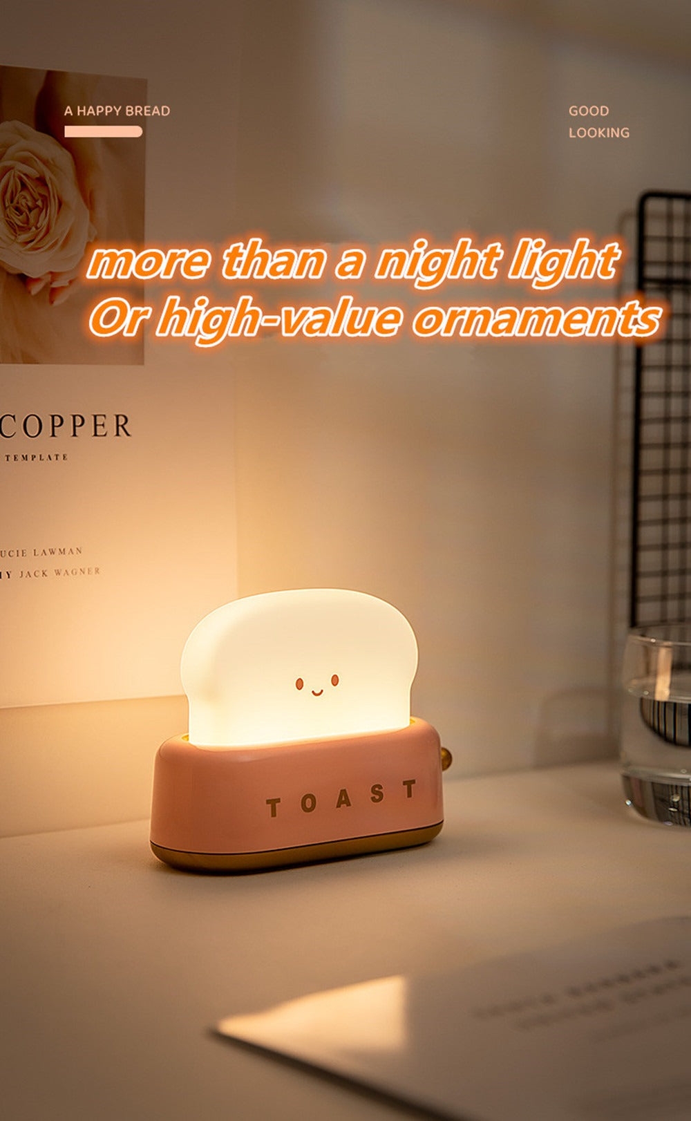 Bread Maker Night Light, pink toaster base, lit bread slice