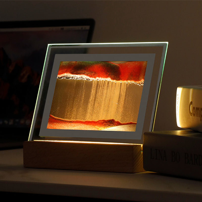 Quicksand Painting Night Light, red sand falling, wood base lit